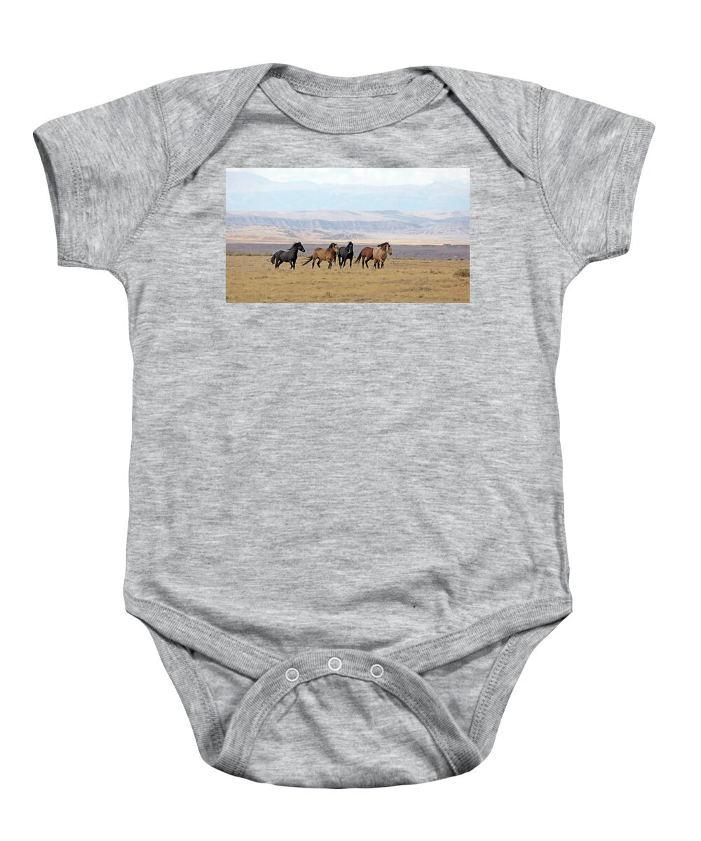 Mustangs Baby Onesie featuring the photograph 2021 McCullough Peaks Wild Horses by Jean Clark