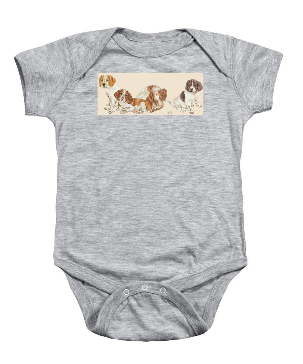 Sporting Class Baby Onesie featuring the mixed media Brittany Puppies by Barbara Keith