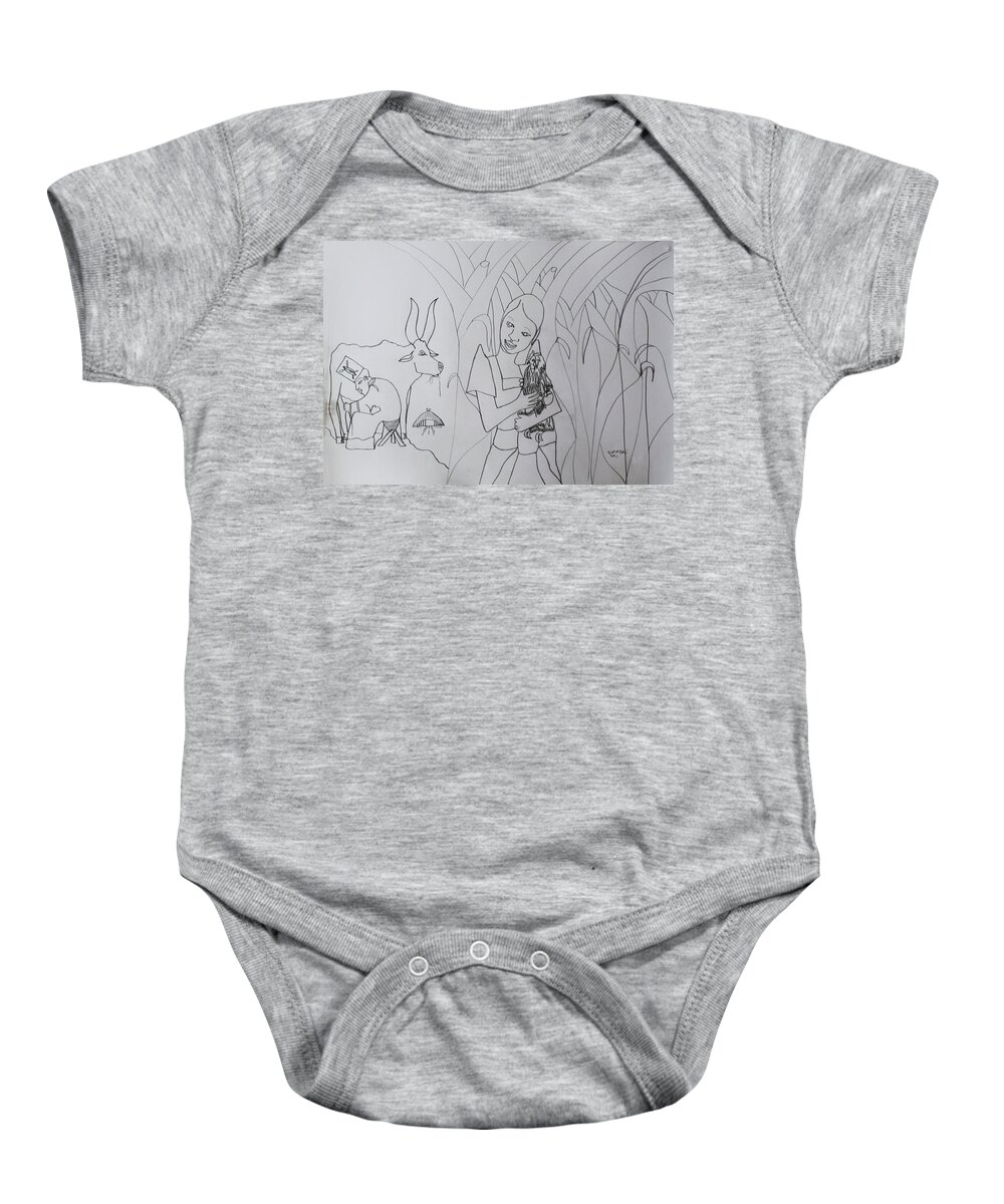 Jesus Baby Onesie featuring the drawing Kintu and Nambi First Encounters #29 by Gloria Ssali
