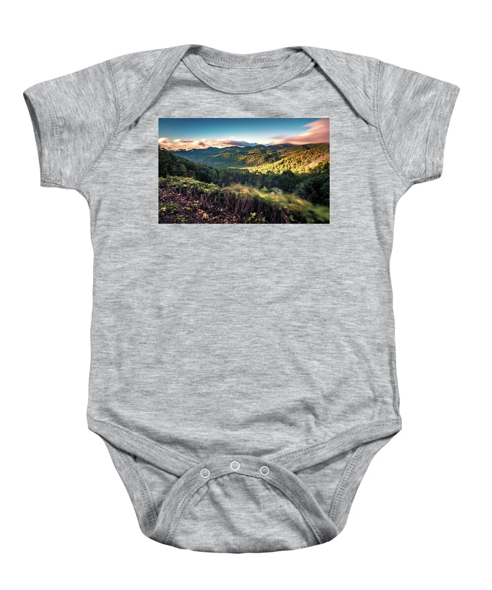 Hill Baby Onesie featuring the photograph Morning Sunrise Ove Blue Ridge Parkway Mountains #3 by Alex Grichenko