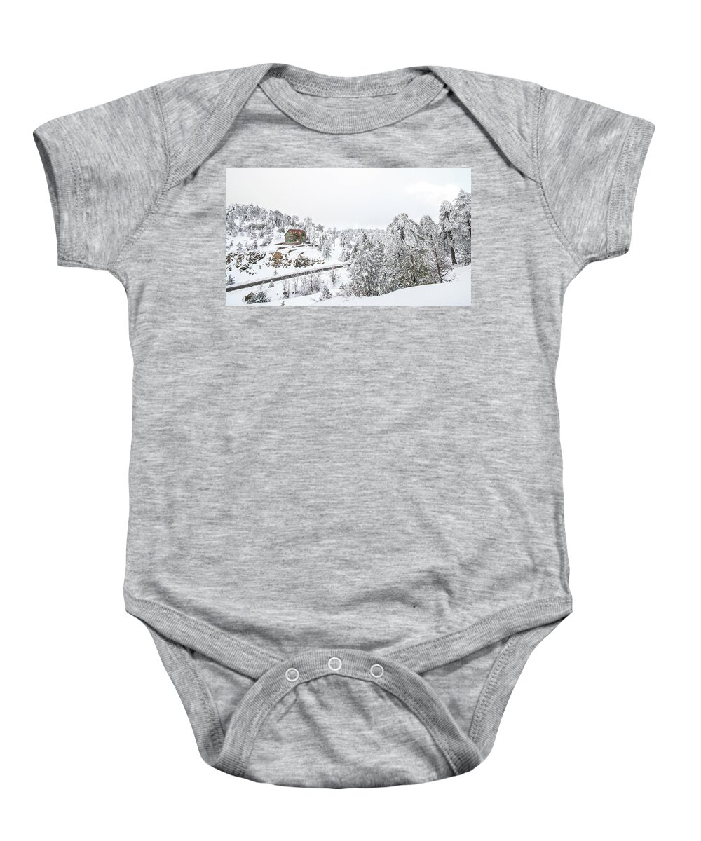 Chalet Baby Onesie featuring the photograph Winter Landscape, Troodos mountains Cyprus by Michalakis Ppalis