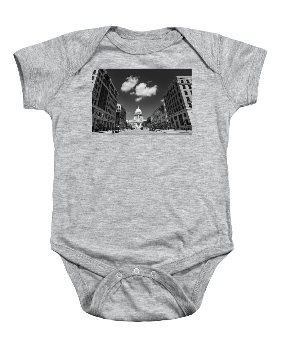 United States Of America Baby Onesie featuring the photograph Wisconsin state capitol building in Madison Wisconsin in black and white #4 by Eldon McGraw