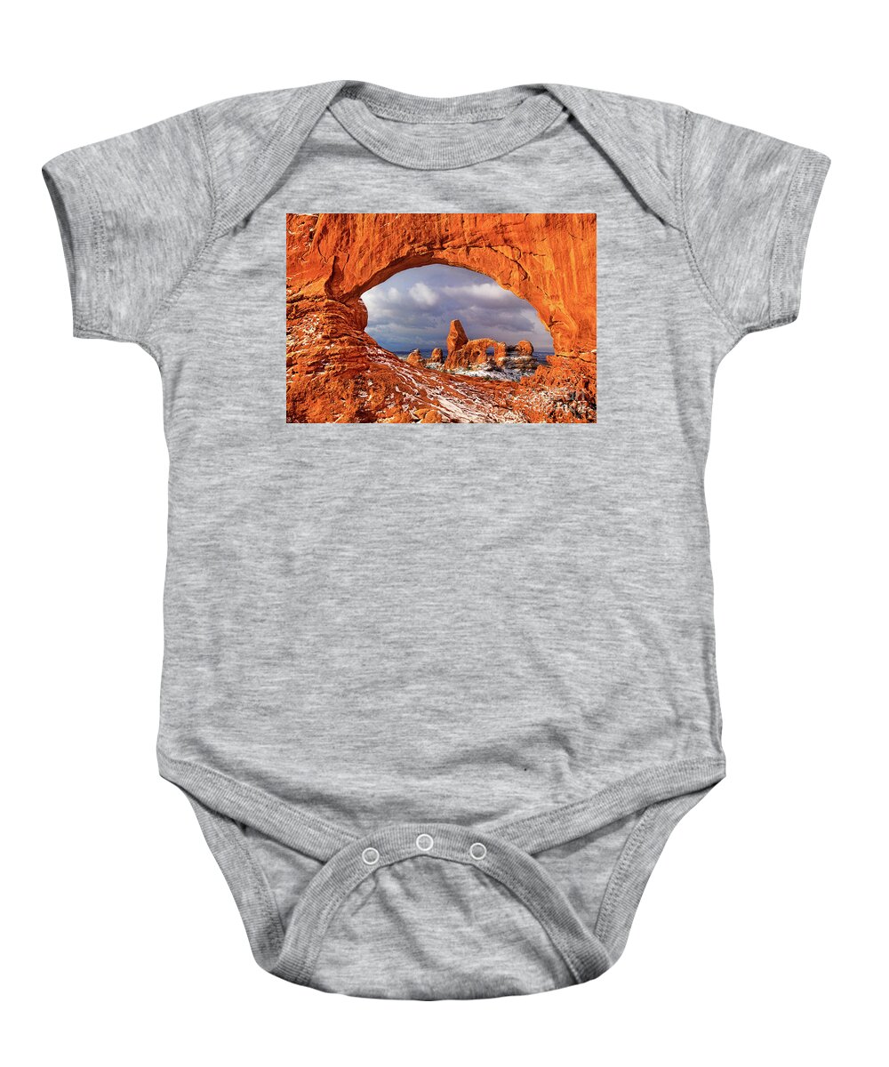 Dave Welling Baby Onesie featuring the photograph 714000085 Turret Arch Arches National Park Utah by Dave Welling