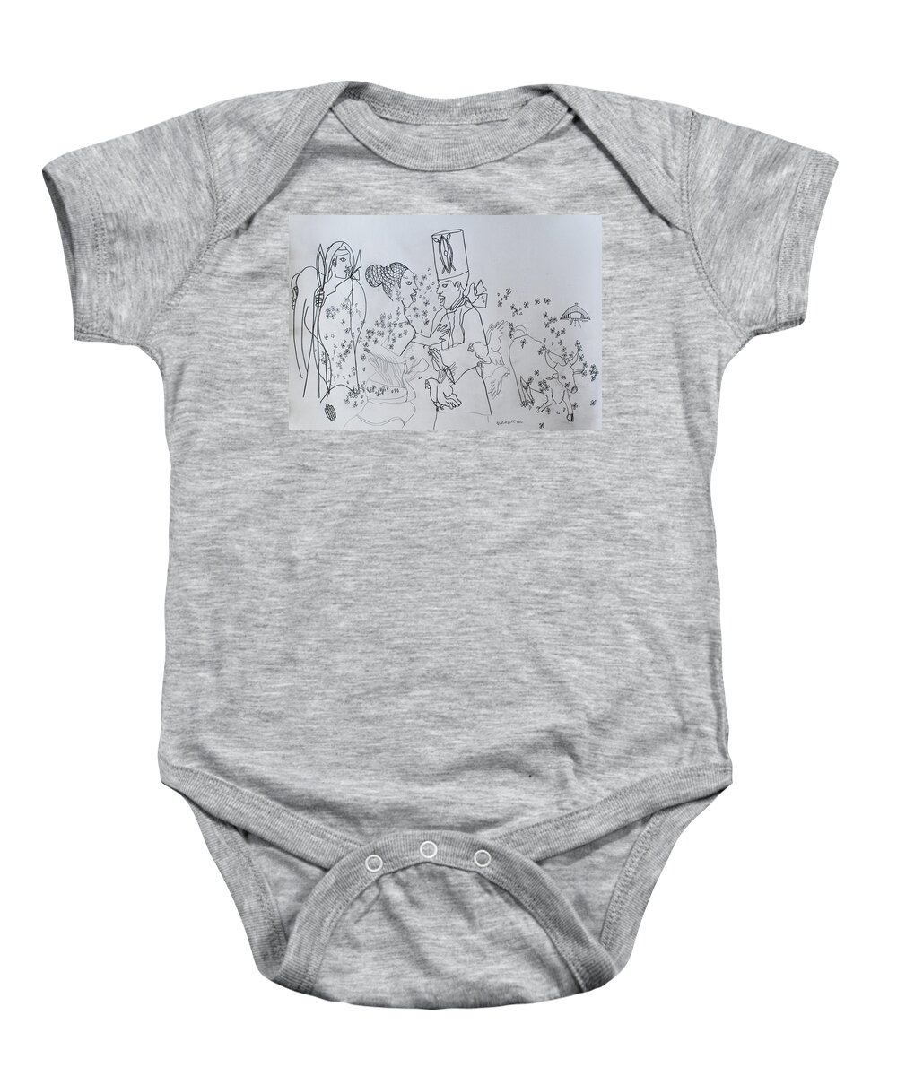 Jesus Baby Onesie featuring the drawing Kintu and Nambi Arrival at the Royal Kingdom of Buganda #90 by Gloria Ssali