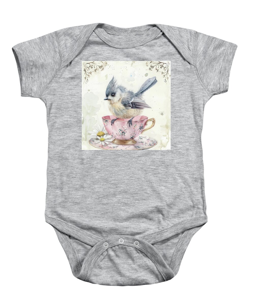 Tufted Titmouse Baby Onesie featuring the painting A Little Sweetness In Your Cup by Tina LeCour