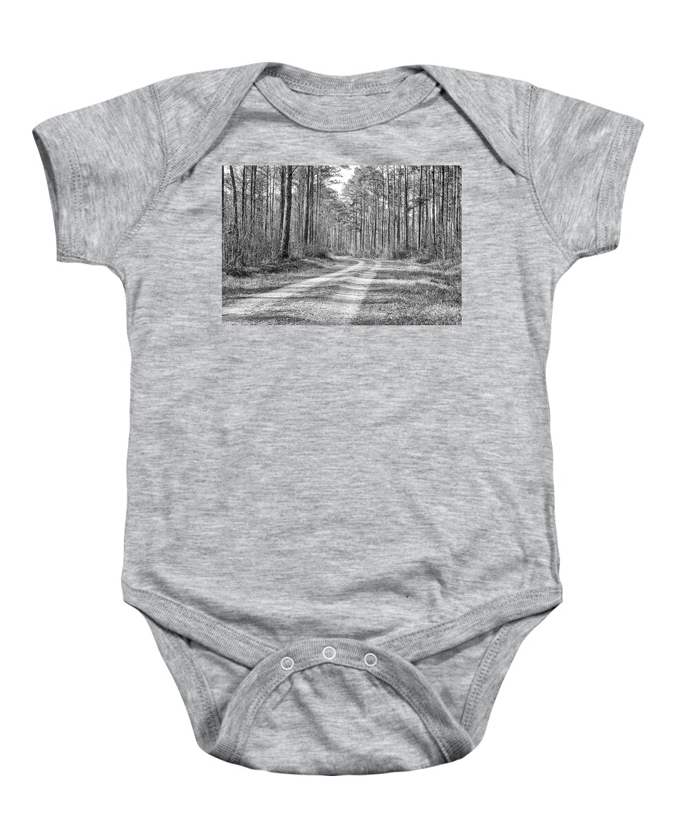 Forest Baby Onesie featuring the photograph A Road Runs Through It - Pine Forest Wilderness by Bob Decker
