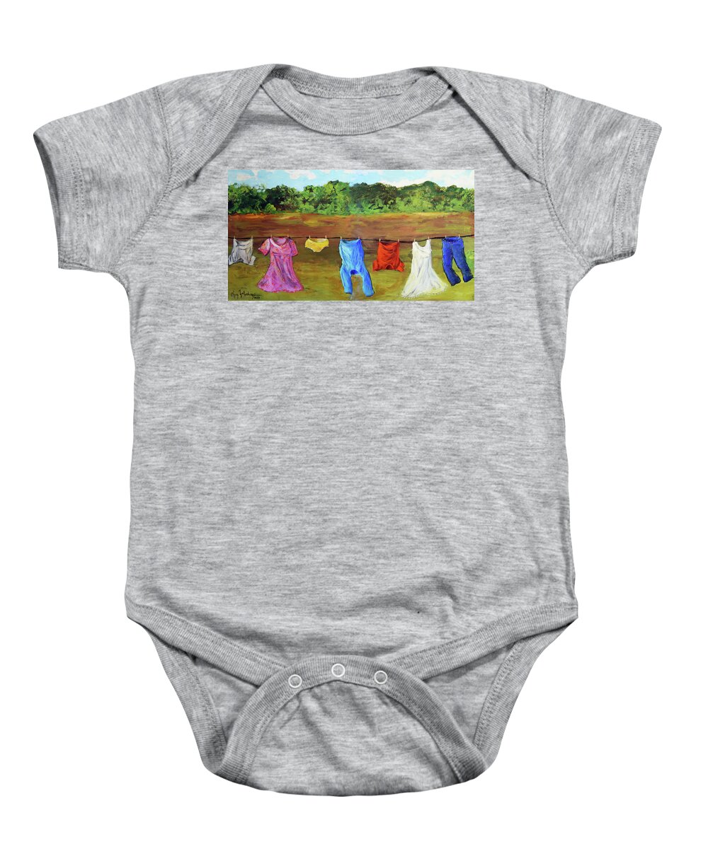 Laundry Baby Onesie featuring the painting A Windy Clothes Line in Oklahoma - An Original by Cheri Wollenberg 2022 by Cheri Wollenberg
