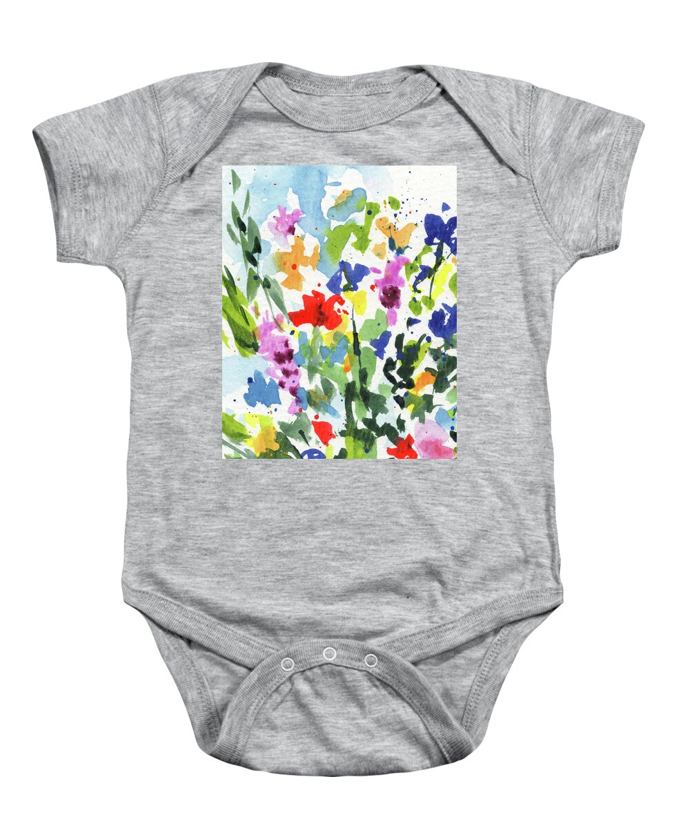 Abstract Flowers Baby Onesie featuring the painting Abstract Burst Of Flowers Multicolor Splash Of Watercolor I by Irina Sztukowski