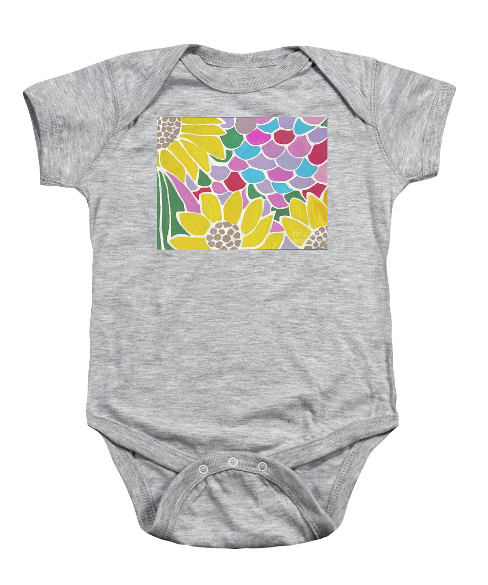Sunflowers Baby Onesie featuring the mixed media Abstract Sunflowers by Lisa Neuman