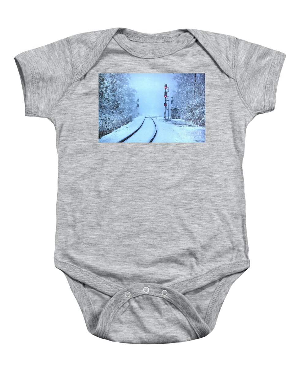 Train Tracks Baby Onesie featuring the photograph All Stop by Rick Lipscomb