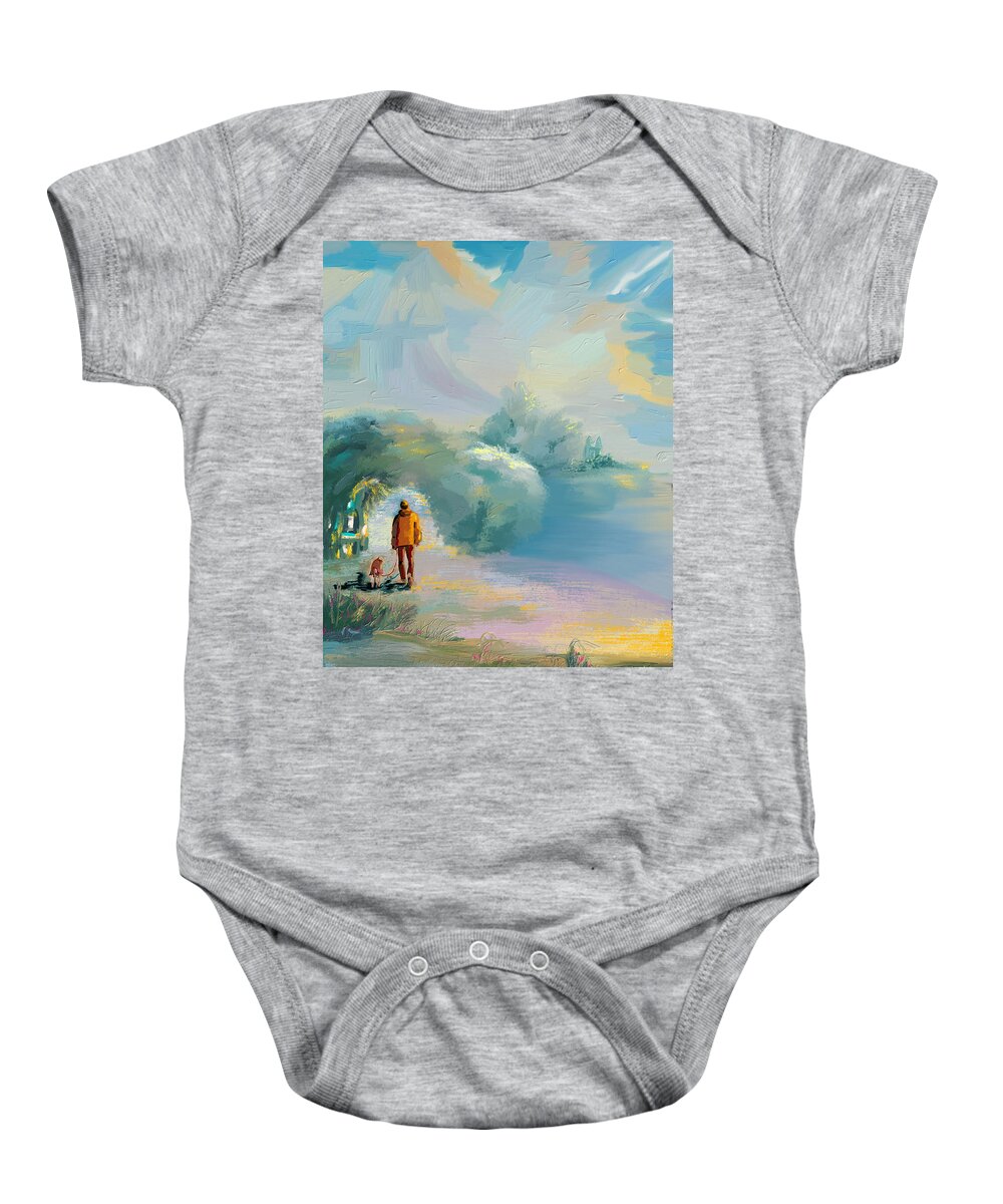 Walking Dog Baby Onesie featuring the mixed media Almost Home by Ann Leech