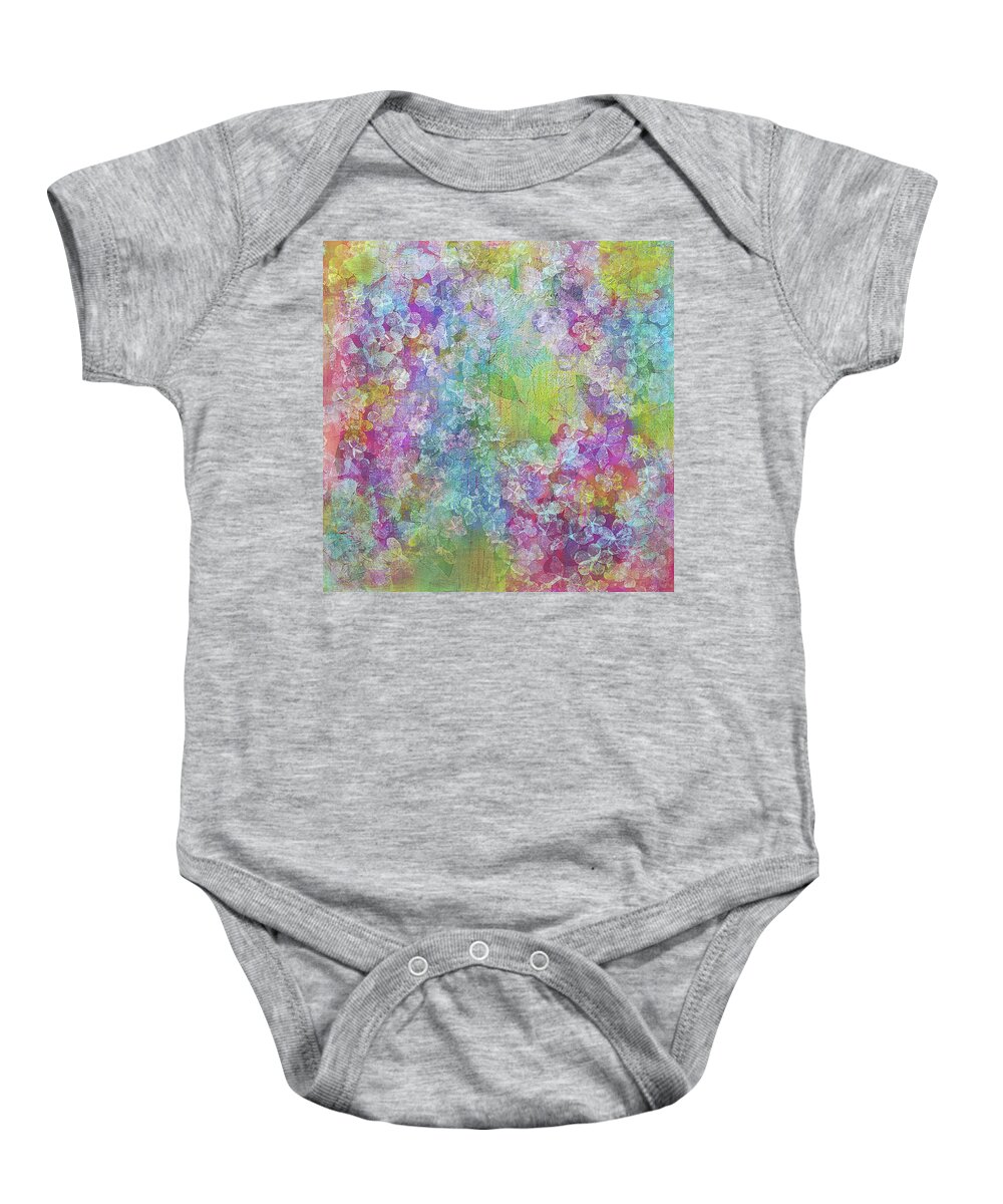 Hawaiian Flowers Baby Onesie featuring the mixed media ALOHA Tropical Abstract Painting Collage Art Flowers Pink Aqua Orange Purple Yellow by Lynnie Lang