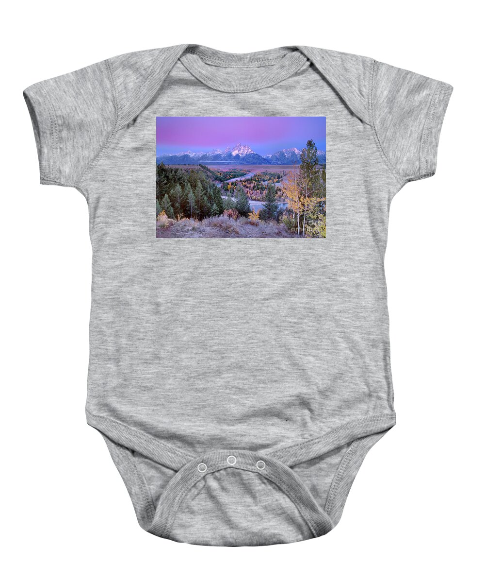 Dave Welling Baby Onesie featuring the photograph Alpenglow Snake River Overlook Grand Tetons Np by Dave Welling