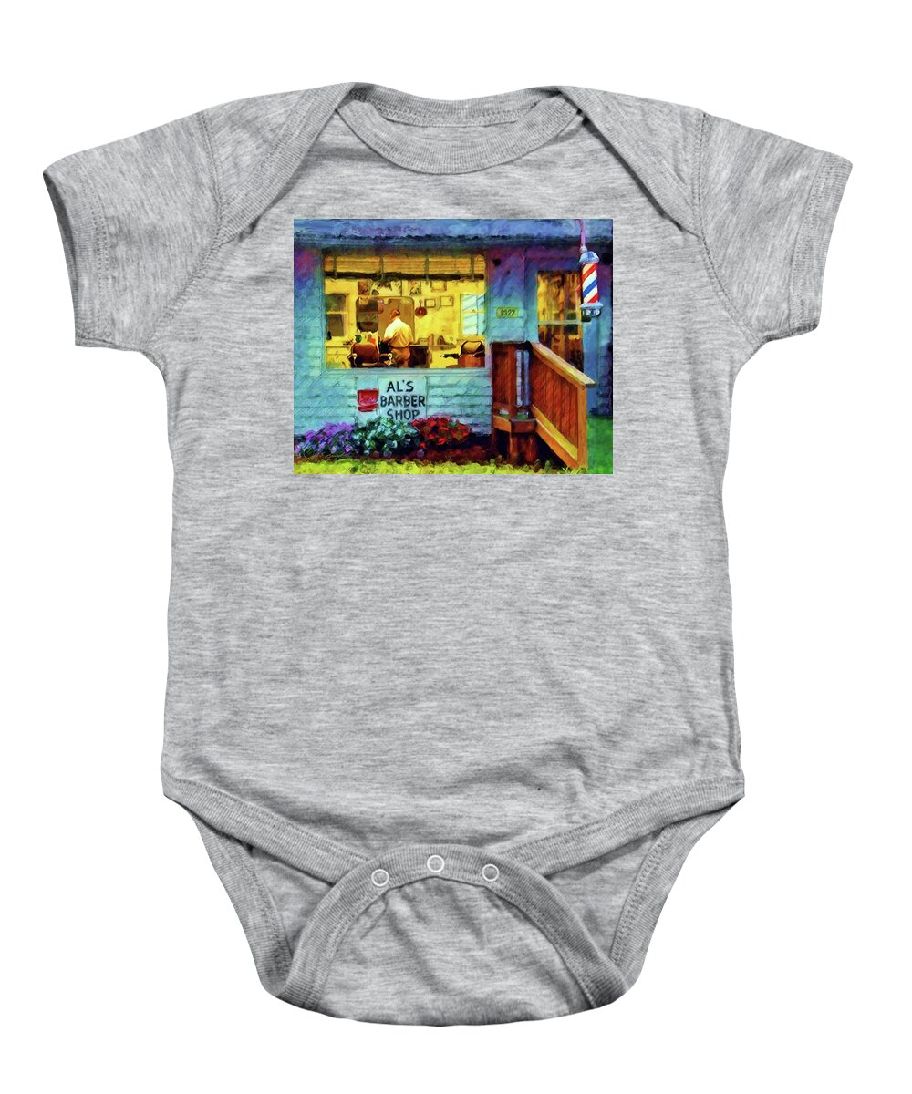 Barbershop Baby Onesie featuring the painting Al's Barbershop by Joel Smith