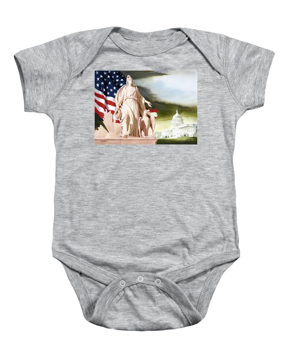Tom Lydon Baby Onesie featuring the painting America - Progress of Civilization - America With Eagle At Her Side And Sun At Her Back by Tom Lydon