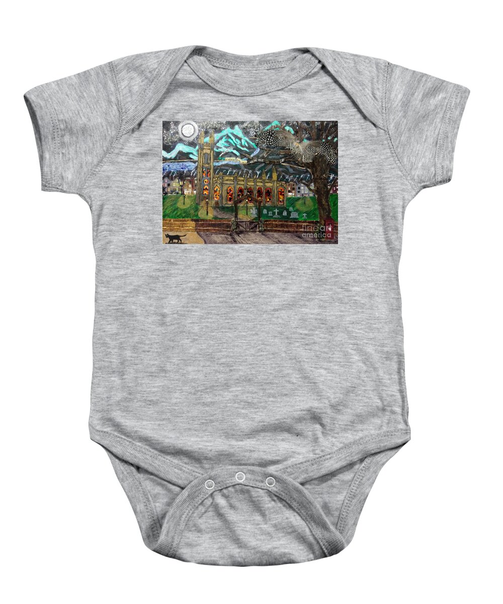 Church Baby Onesie featuring the mixed media An Owl with a View by David Westwood