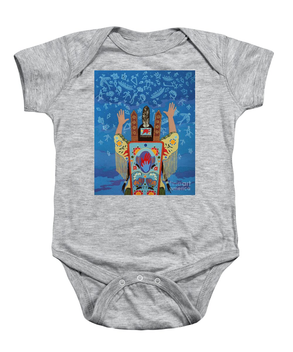 Native American Baby Onesie featuring the painting Ancestor Knowledge II by Chholing Taha