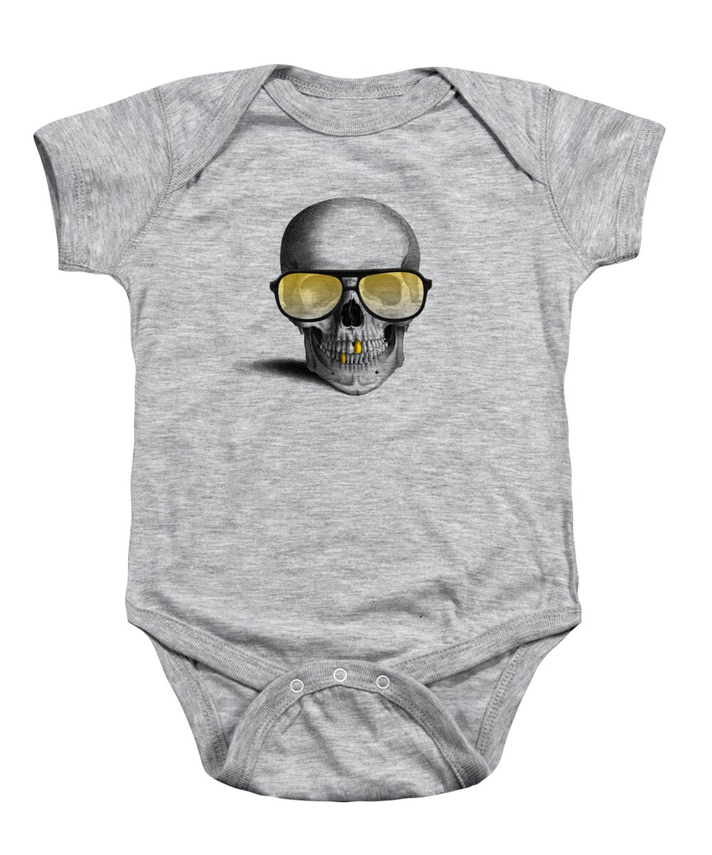 Gold Teeth Baby Onesie featuring the digital art Skull with gold teeth and sunglasses by Madame Memento