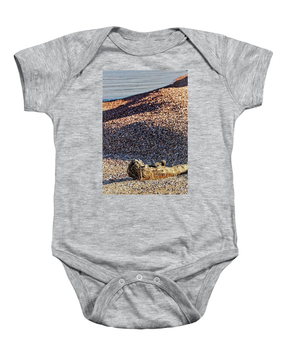 Beach Water Lake Sand Wood Shells Baby Onesie featuring the photograph Asharoken1 by John Linnemeyer