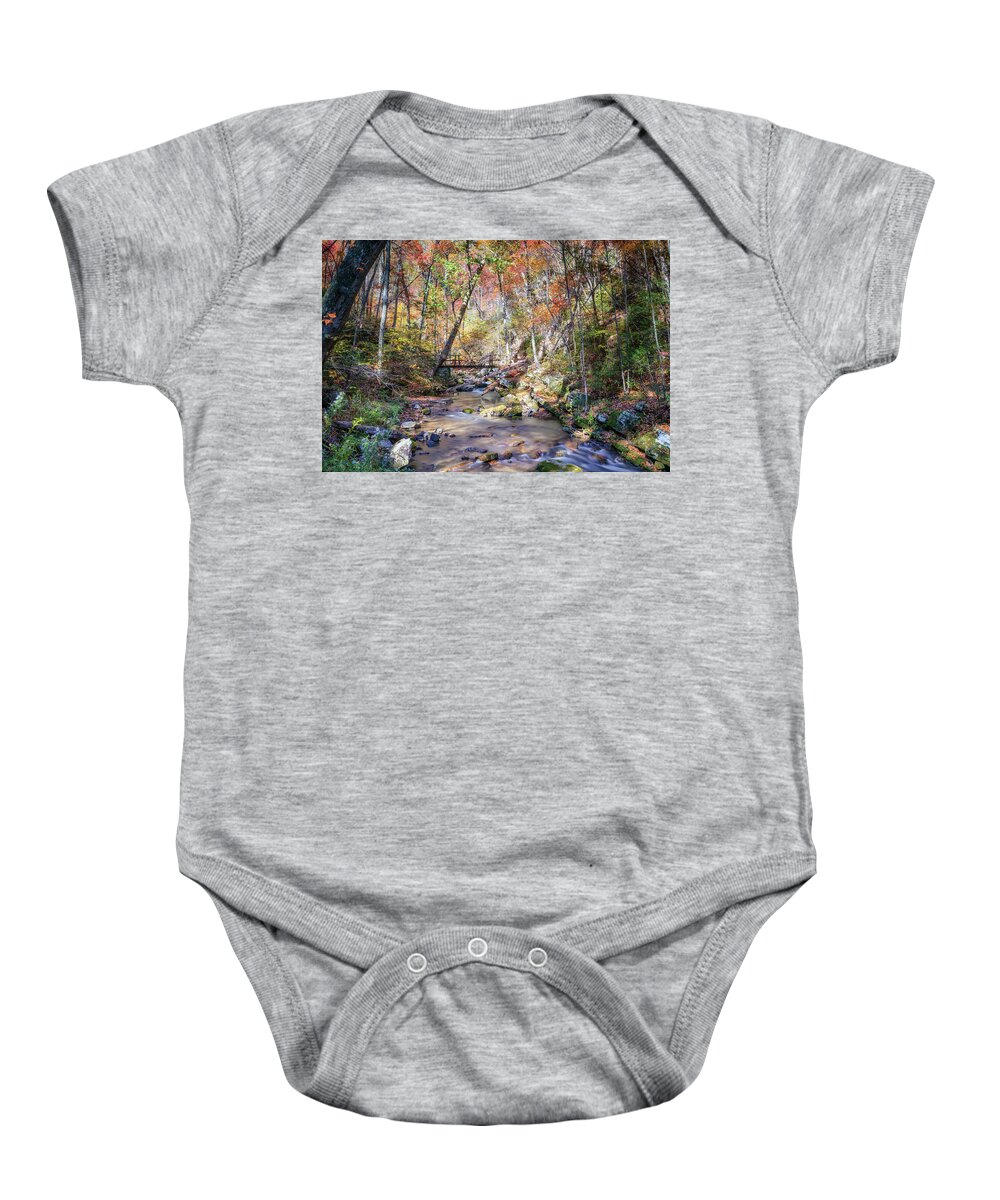 Roaring Run Baby Onesie featuring the photograph Autumn at Roaring Run Creek by Susan Rissi Tregoning