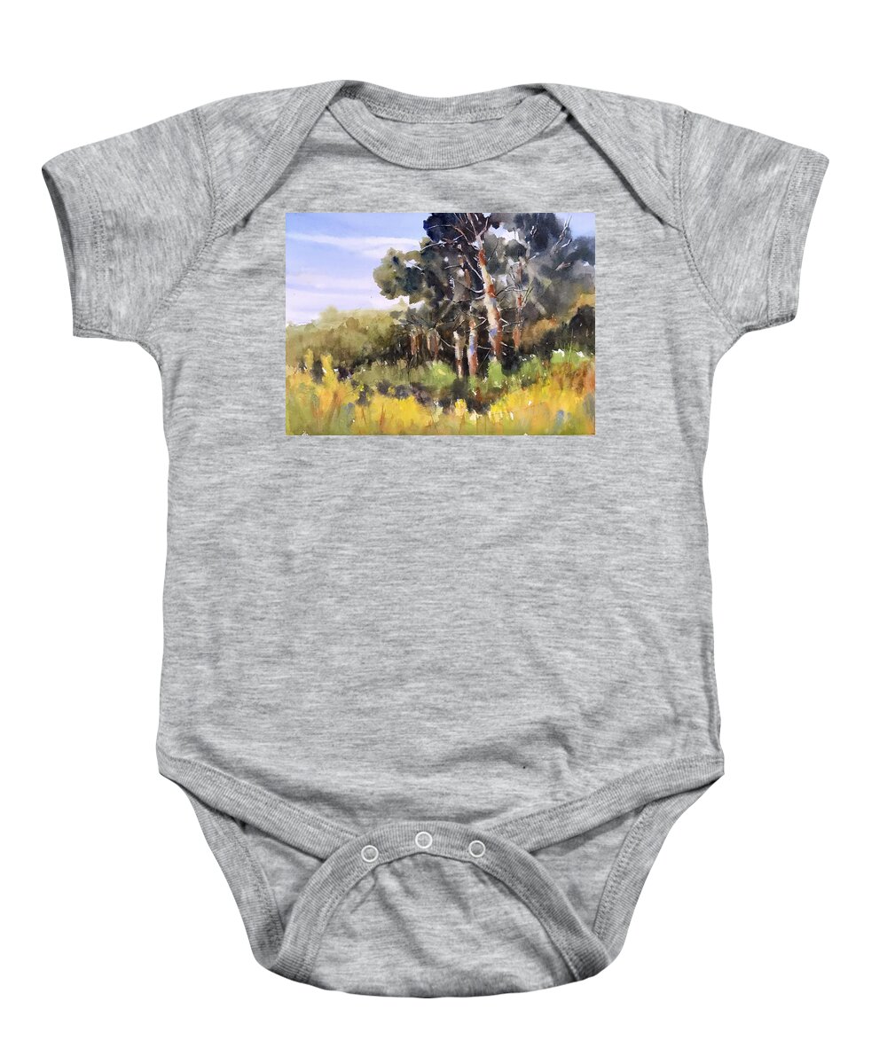Landscape Baby Onesie featuring the painting Autumn Begins by Judith Levins