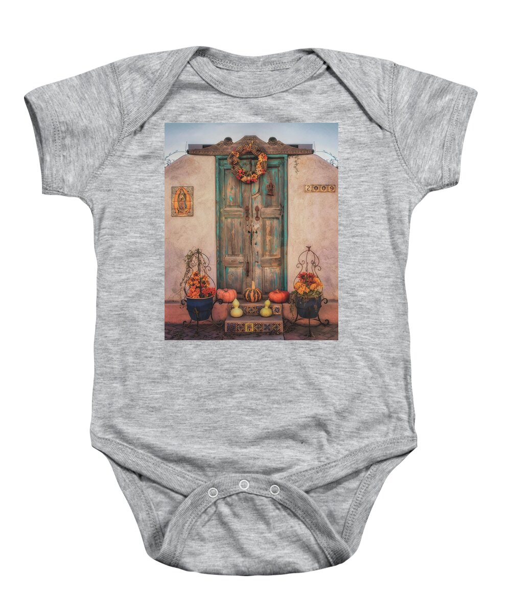 Southwest Doors Baby Onesie featuring the photograph Autumn Doors in Old Mesilla by Susan Rissi Tregoning
