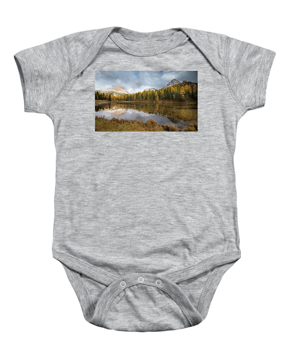Antorno Lake Baby Onesie featuring the photograph Lake antorno in autumn Italian dolomiti by Michalakis Ppalis