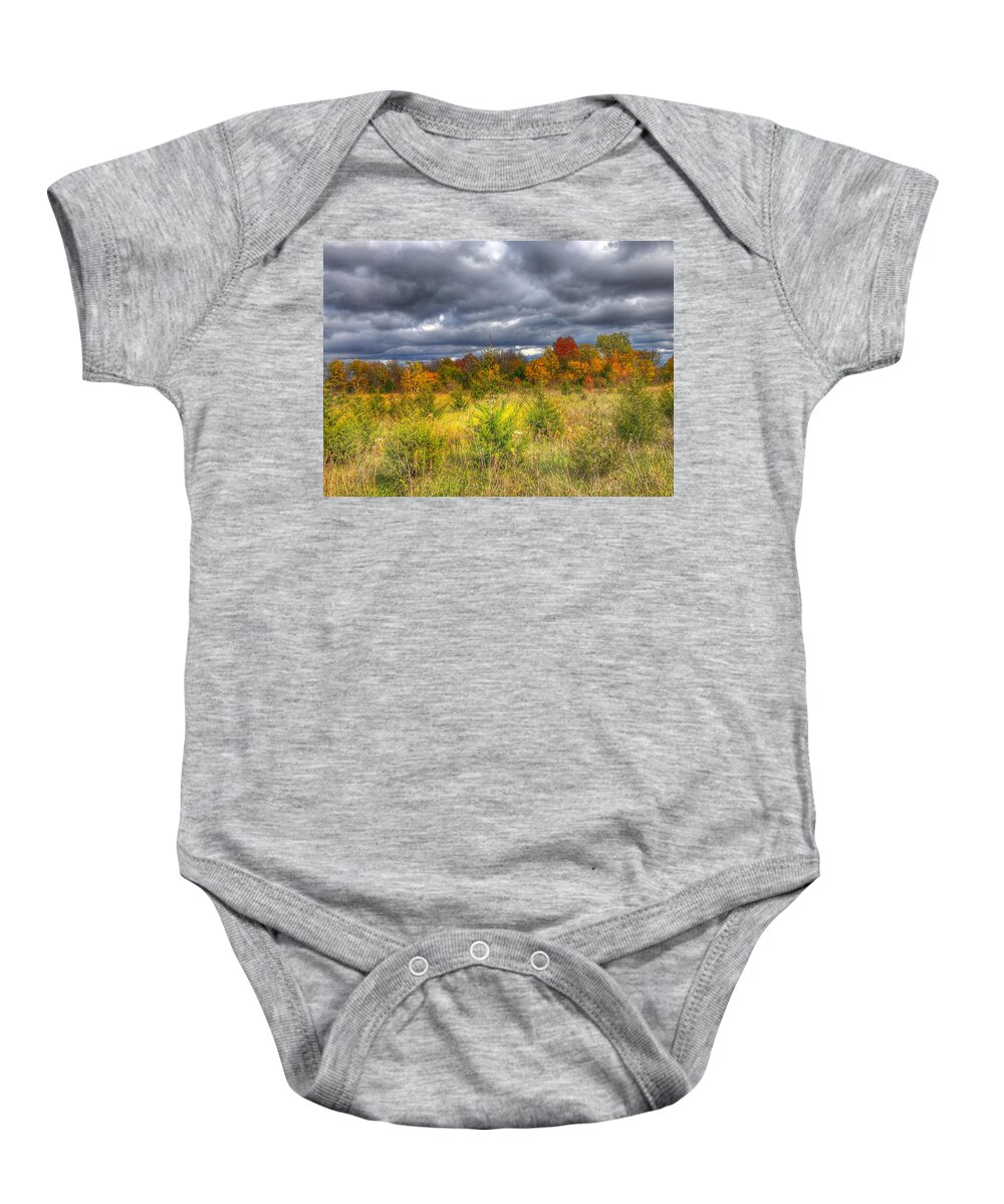  Nature Baby Onesie featuring the photograph Autumn Prairie Storm, Wellsville Kansas by Michael Dean Shelton
