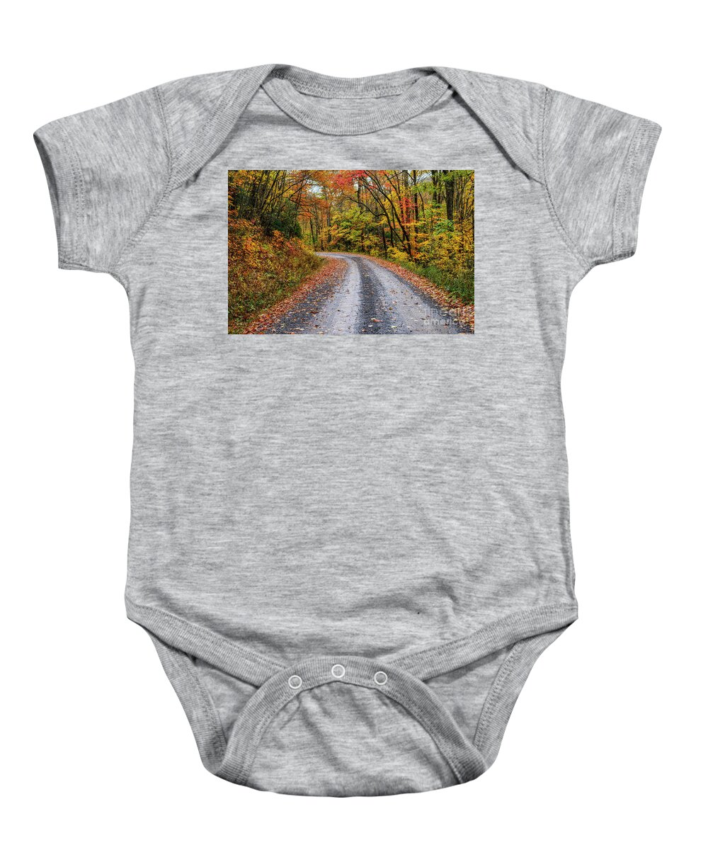 Autumn Baby Onesie featuring the photograph Autumn Rain Service Road by Thomas R Fletcher