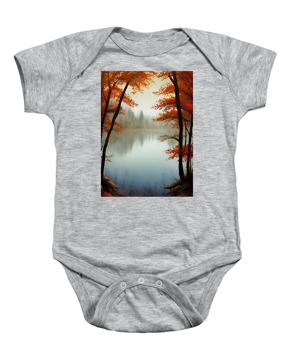 Waterscape Baby Onesie featuring the painting Autumn View - beautiful Fall waterscape by Bonnie Bruno