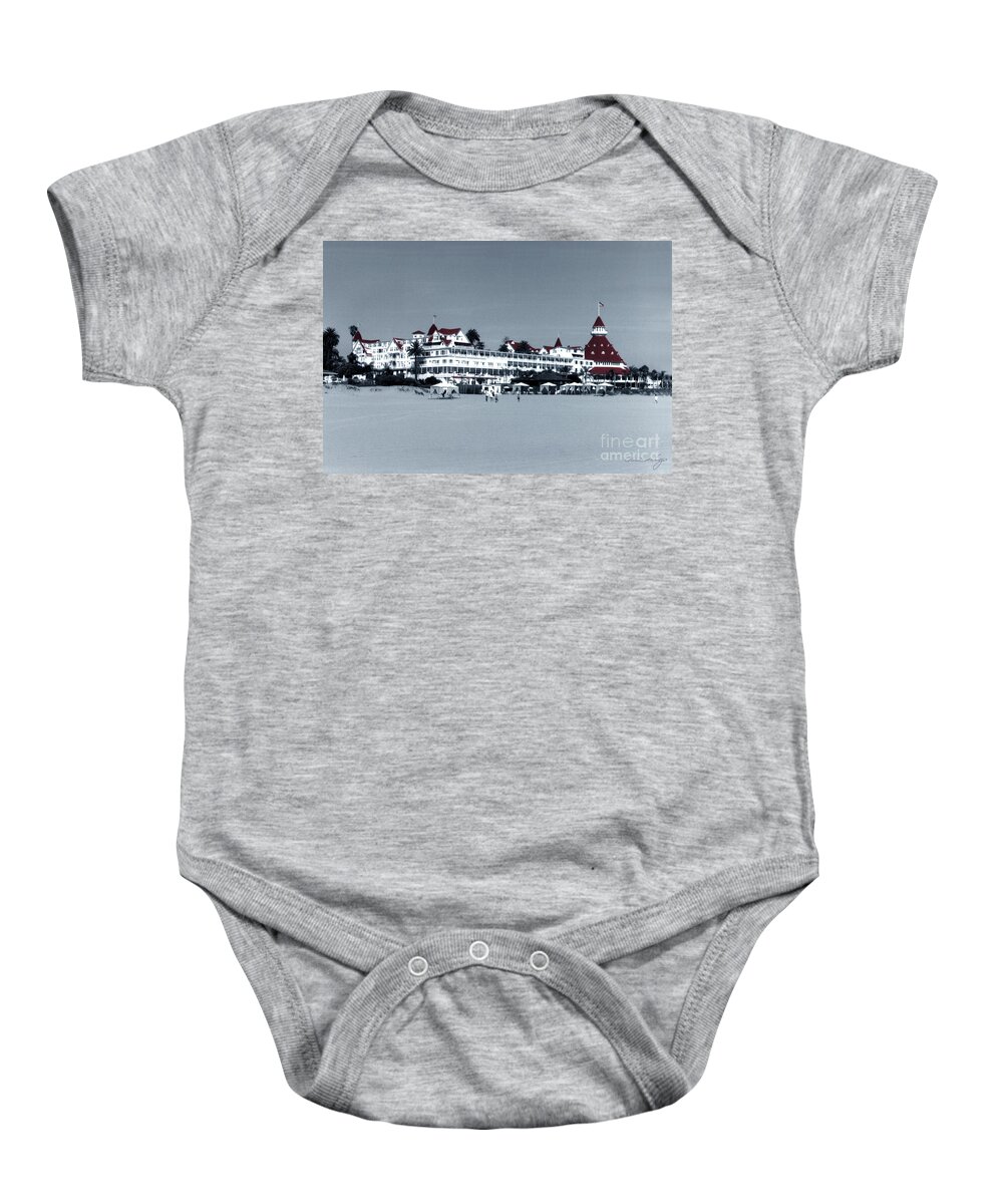 Glenn Mcnary Baby Onesie featuring the photograph B W Hotel Del Coronado with Red Roof by Glenn McNary