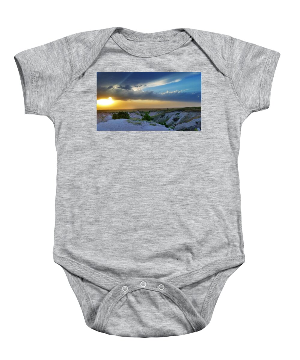 Weather Baby Onesie featuring the photograph Badlands Spring Storm by Ally White