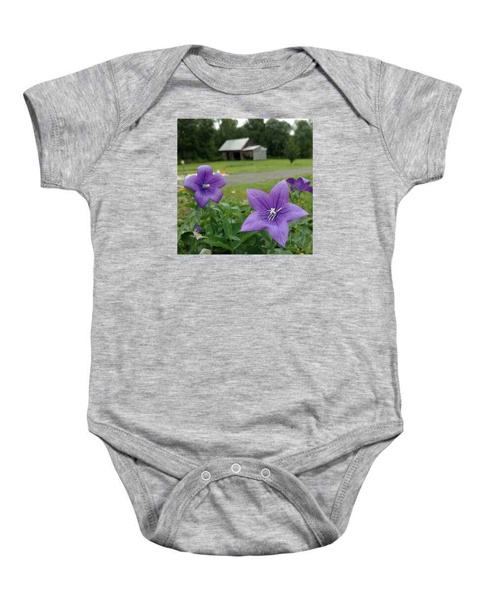 Balloon Flower Baby Onesie featuring the photograph Balloon Flowers and Barn by Vicki Noble