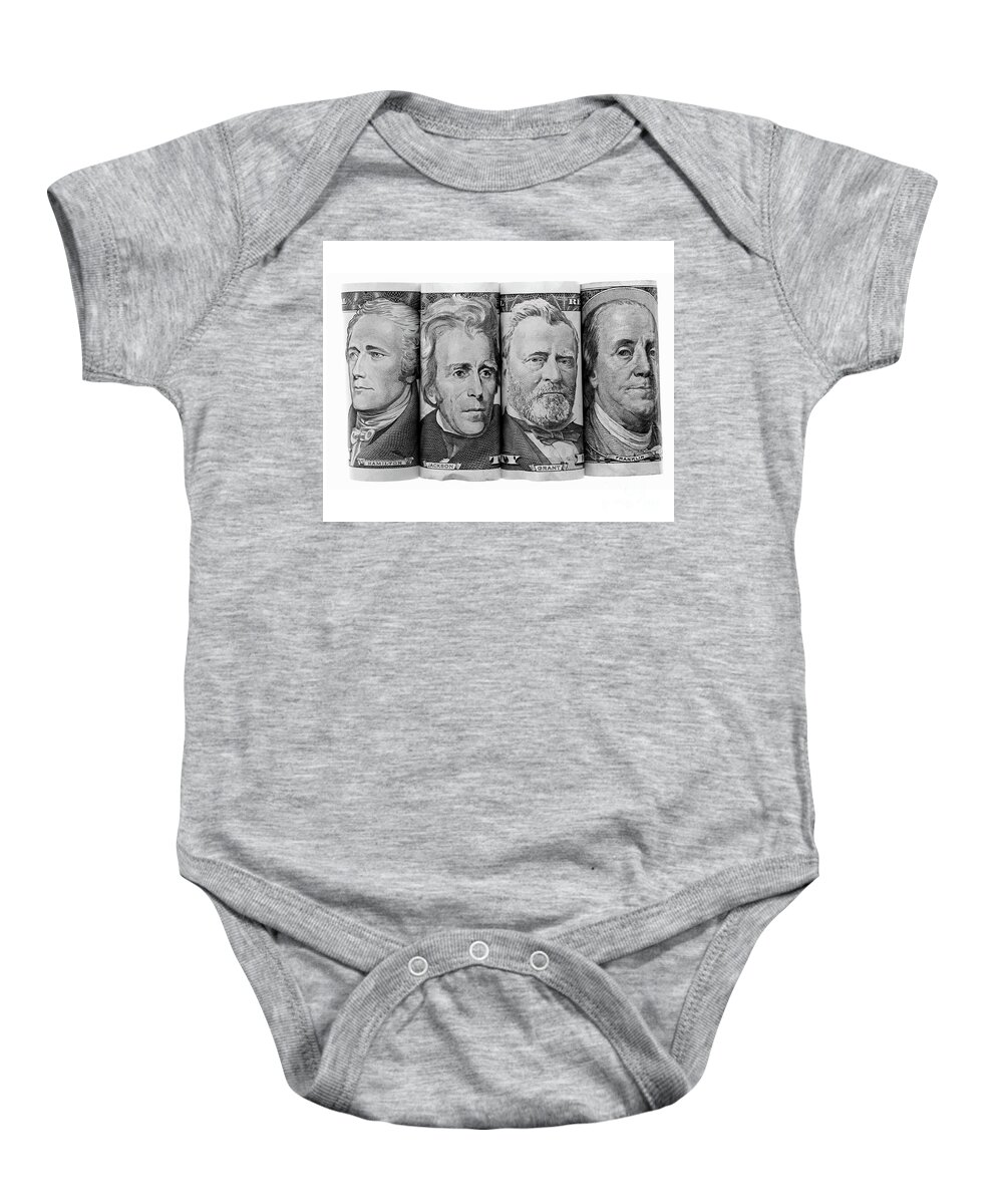 Money Baby Onesie featuring the photograph Bank notes Black and White by Pete Klinger