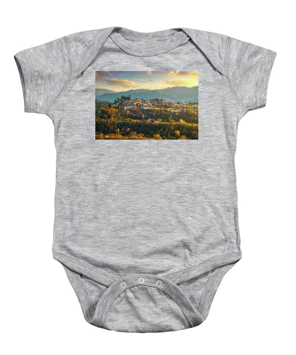 Barga Baby Onesie featuring the photograph Barga village in autumn. Garfagnana, Tuscany by Stefano Orazzini