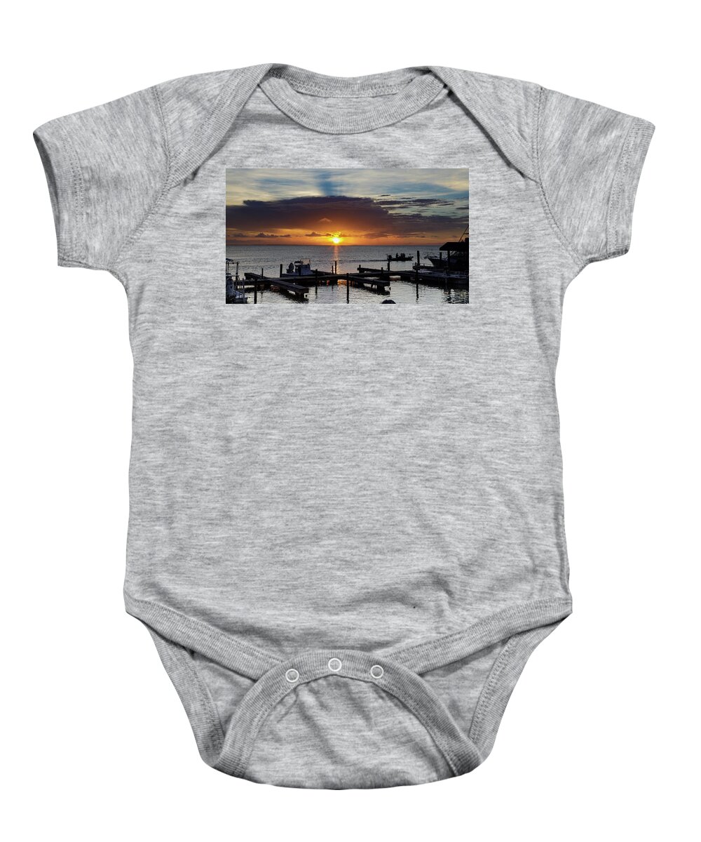 Pier Baby Onesie featuring the photograph Bay, Boats and Sunset by Steve Templeton