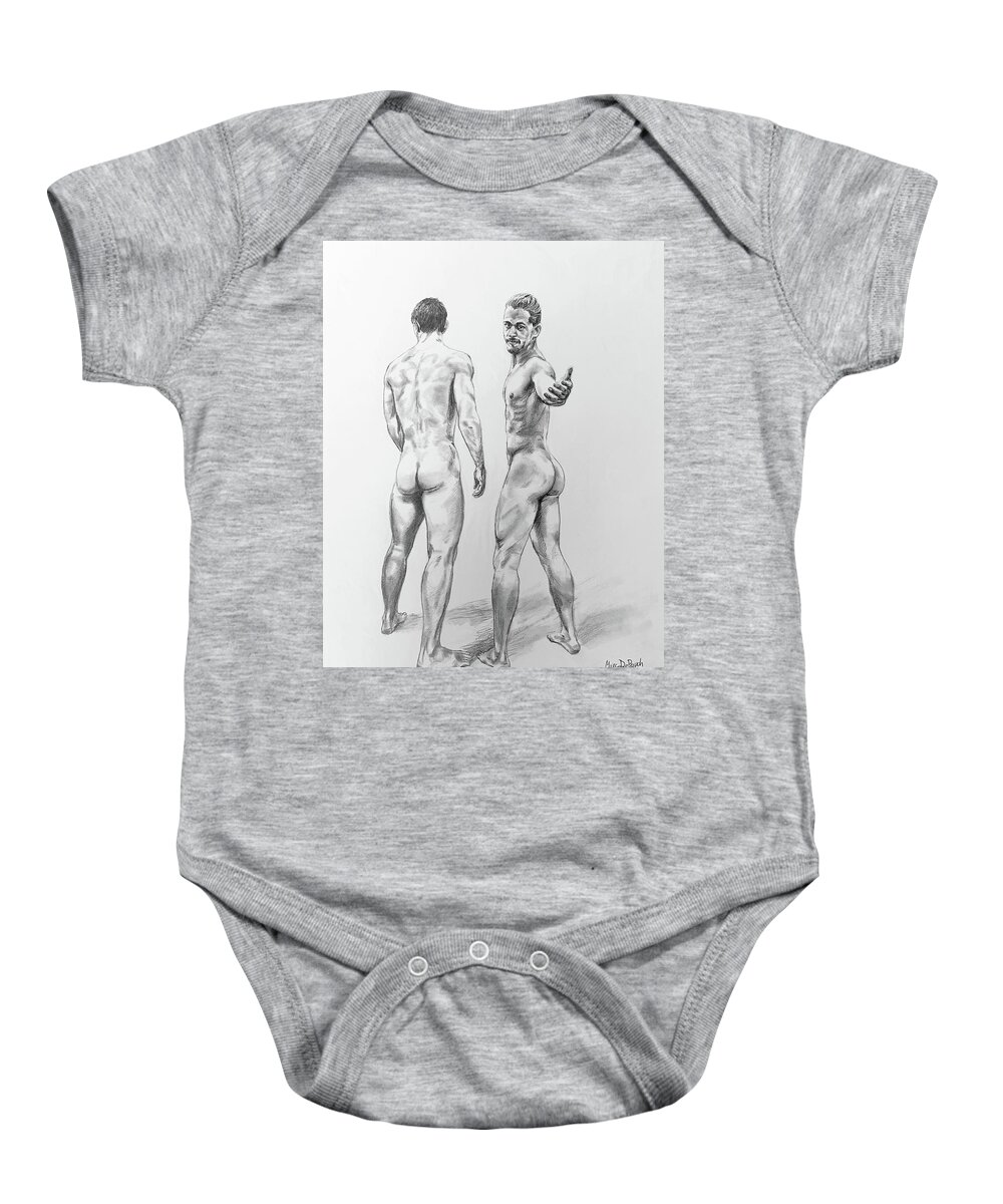 Male Nude Baby Onesie featuring the drawing Beckoning Bros by Marc DeBauch