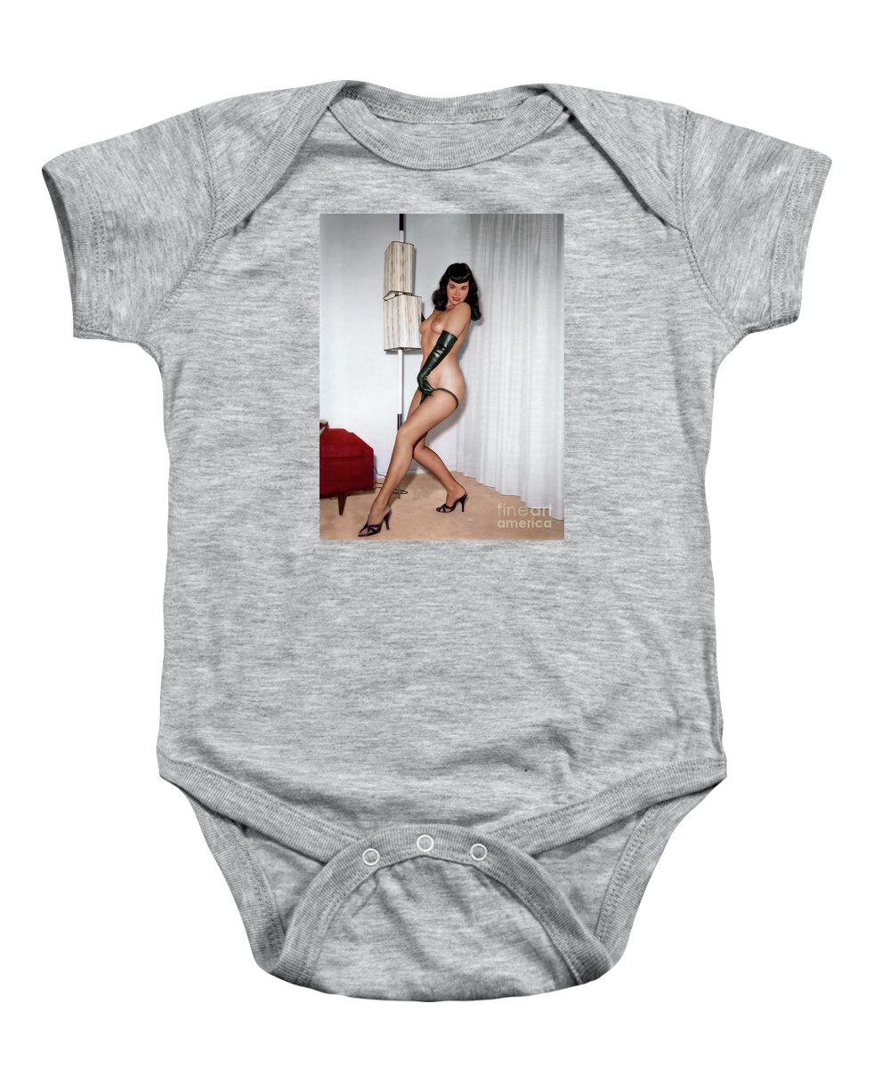 Bettie Page Baby Onesie featuring the digital art Bettie's unmistakable pose by Franchi Torres