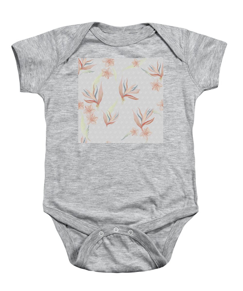 Bird Of Paradise Baby Onesie featuring the digital art Bird of Paradise with Plumeria Blossoms Floral Print by Sand And Chi