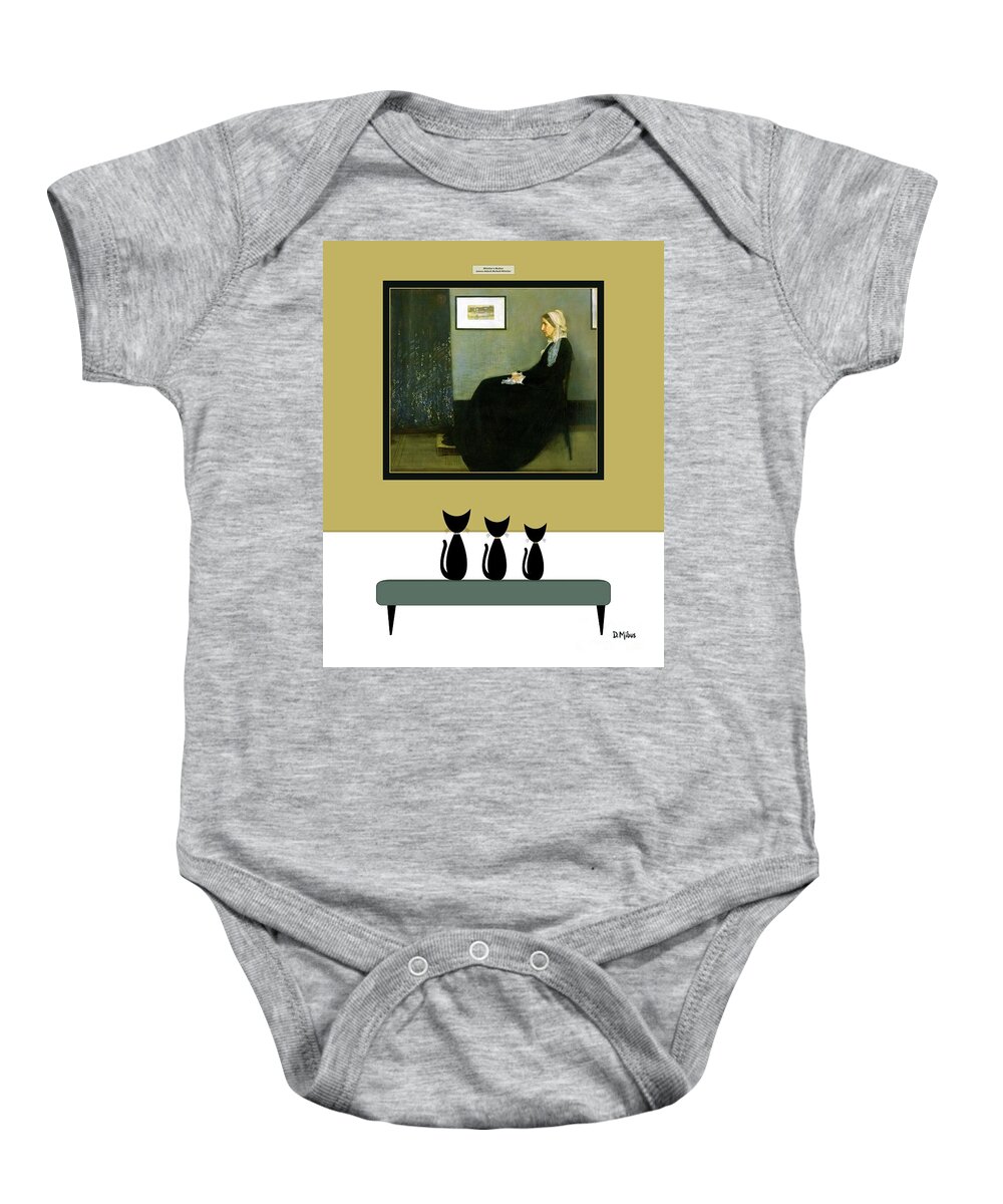 Cats At Museum Baby Onesie featuring the digital art Black Cats Admire Whistler's Mother Painting by Donna Mibus