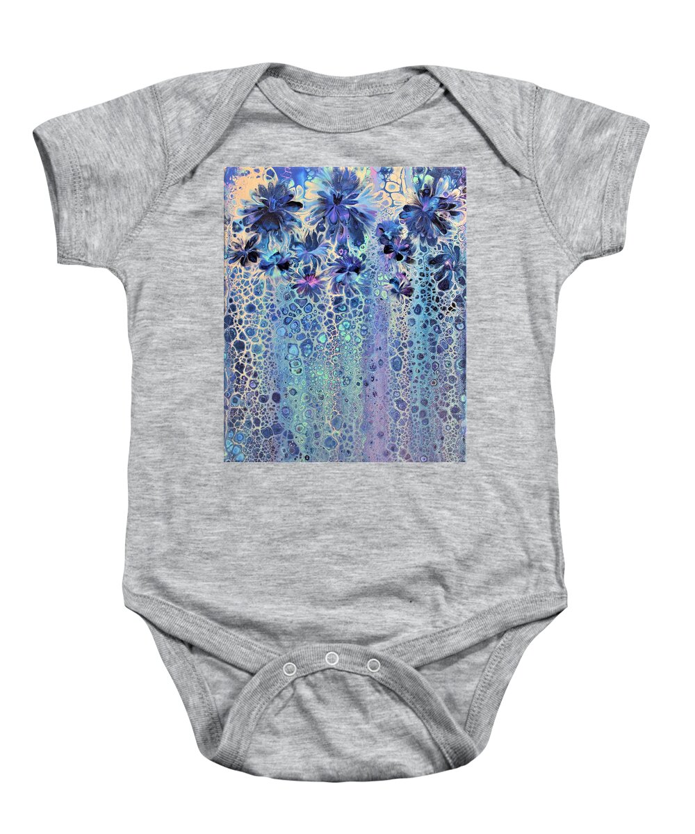 Wall Art Wall Décor Abstract Blue Silver And Blue Art For Sale Acrylic Painting Abstract Painting Flowers Abstract Flowers Blue Flowers Gift Idea Perfect Print Waterfall Of Flowers And Jewels Baby Onesie featuring the painting Waterfall of flowers and jewels by Tanya Harr
