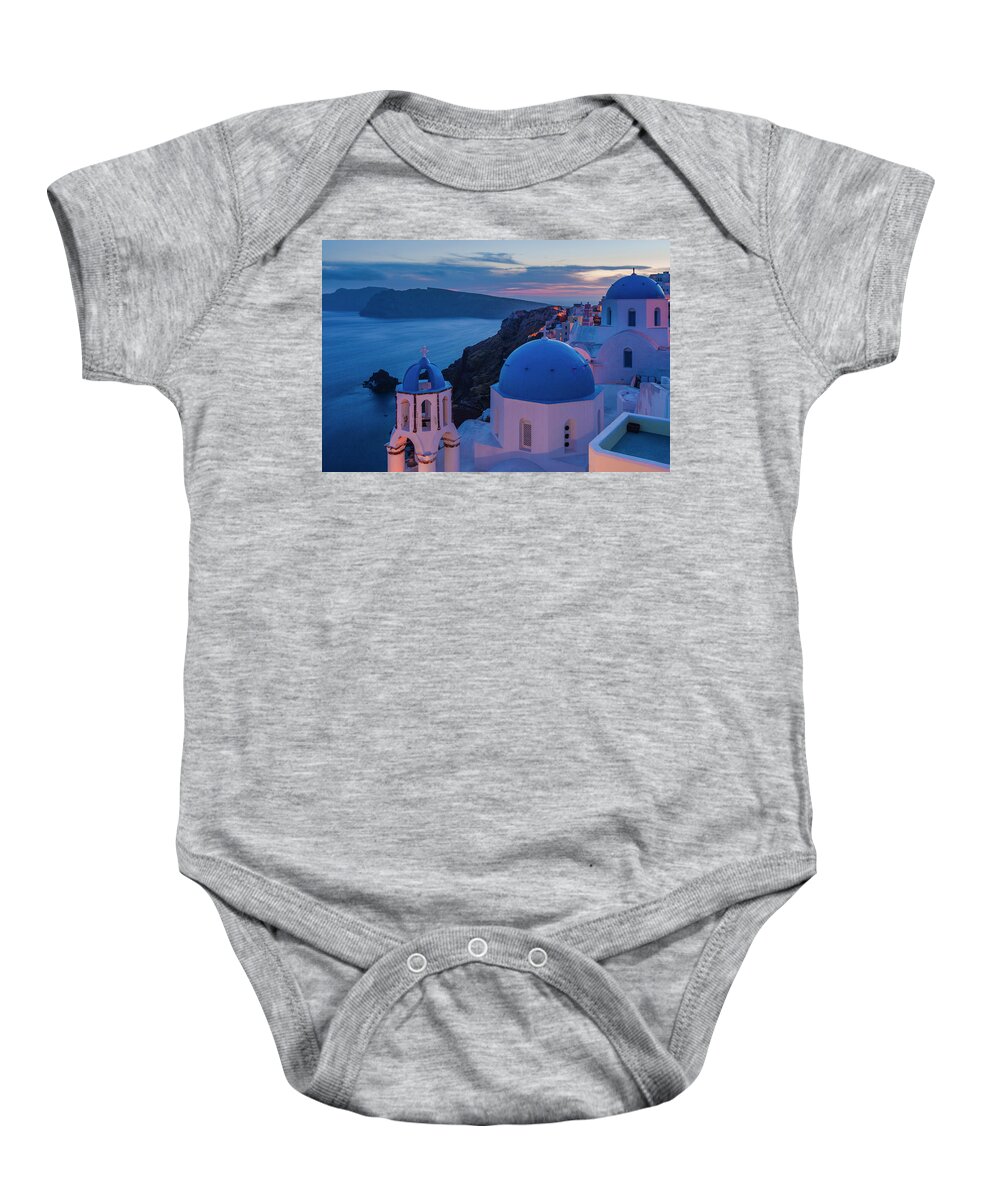 Aegean Sea Baby Onesie featuring the photograph Blue Domes Of Santorini by Evgeni Dinev