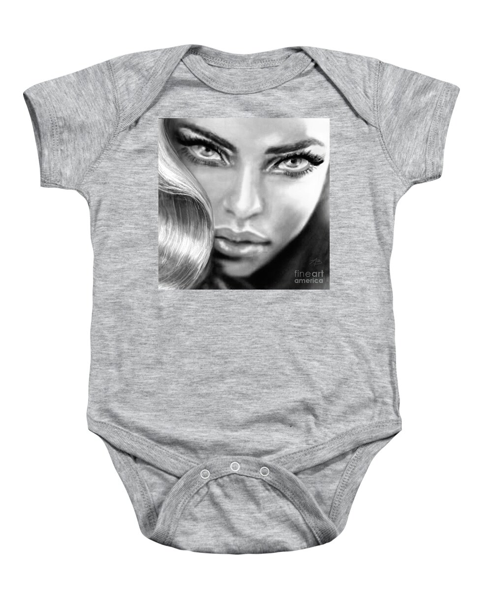 Portrait Baby Onesie featuring the painting Blue Eyes Sensual bw by Angie Braun