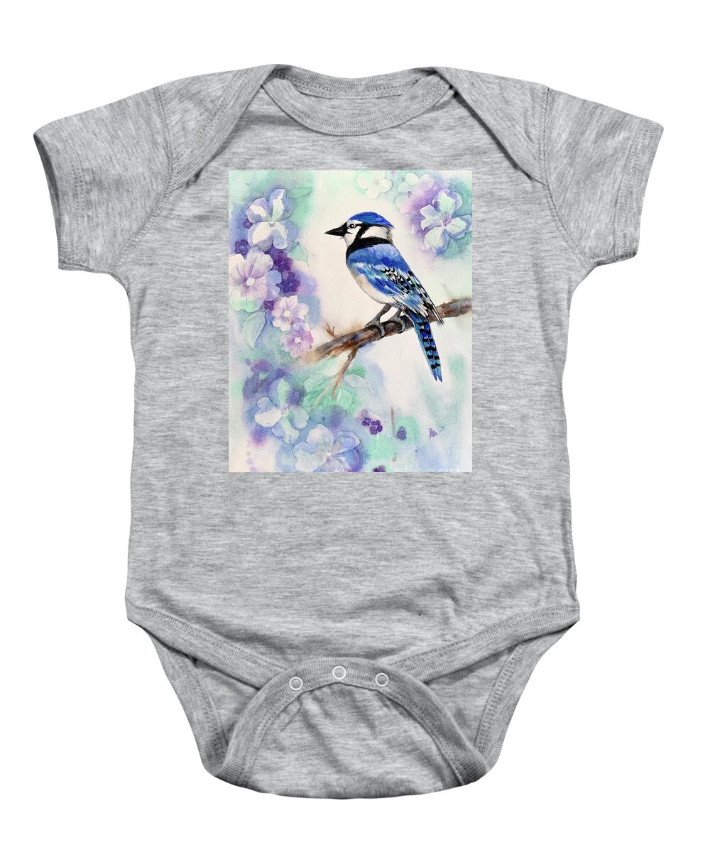 Blue Jay Baby Onesie featuring the painting Blue Jay Bird by Hilda Vandergriff