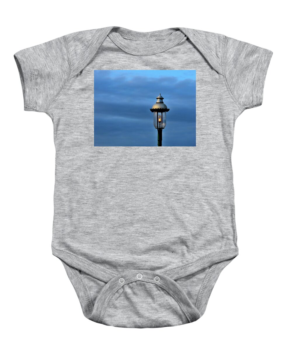 Lamppost Baby Onesie featuring the photograph Blue Light Special by Linda Stern