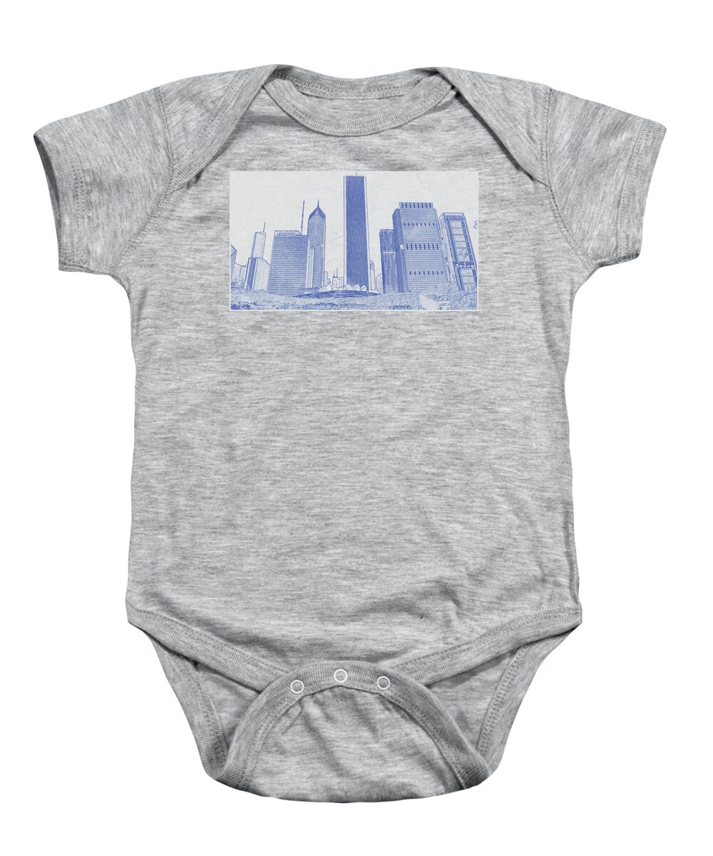 Oil On Canvas Baby Onesie featuring the digital art Blueprint drawing of Chicago Skyline, Illinois, USA - 34 by Celestial Images