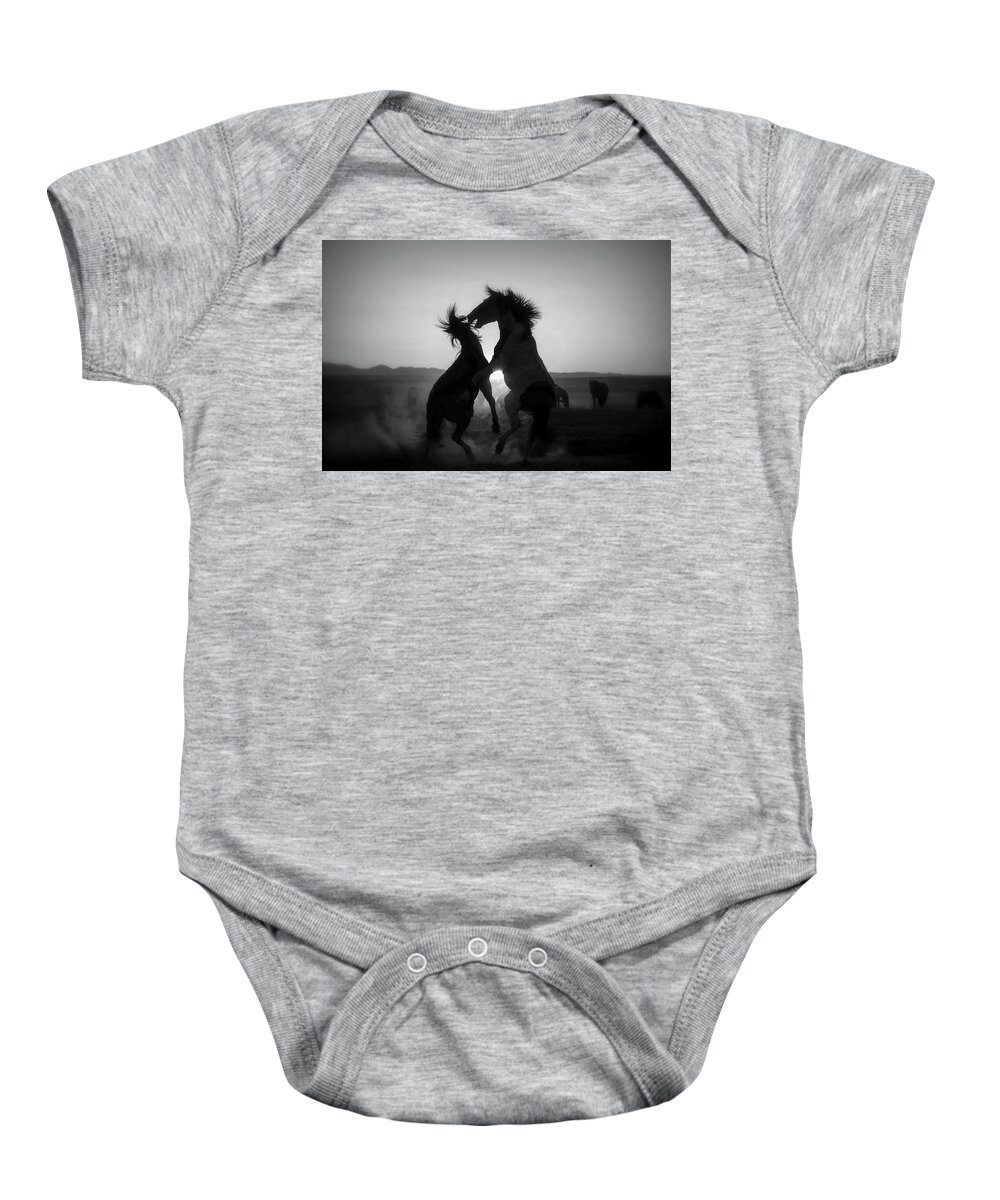 Horse Baby Onesie featuring the photograph BnW Face Mask Fight by Dirk Johnson