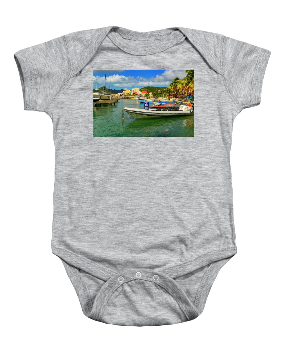 Boats; Travel; Color; Water; Clouds; Skies; Landscape Baby Onesie featuring the photograph Boats in Saint Maarten #1 by AE Jones