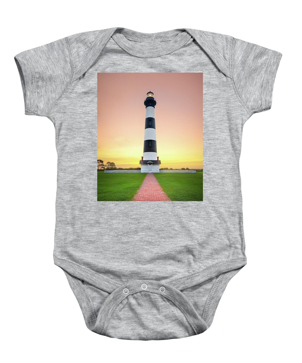 Bodie Island Lighthouse Baby Onesie featuring the photograph Bodie Island Lighthouse OBX Outer Banks NC Sunrise. by Jordan Hill