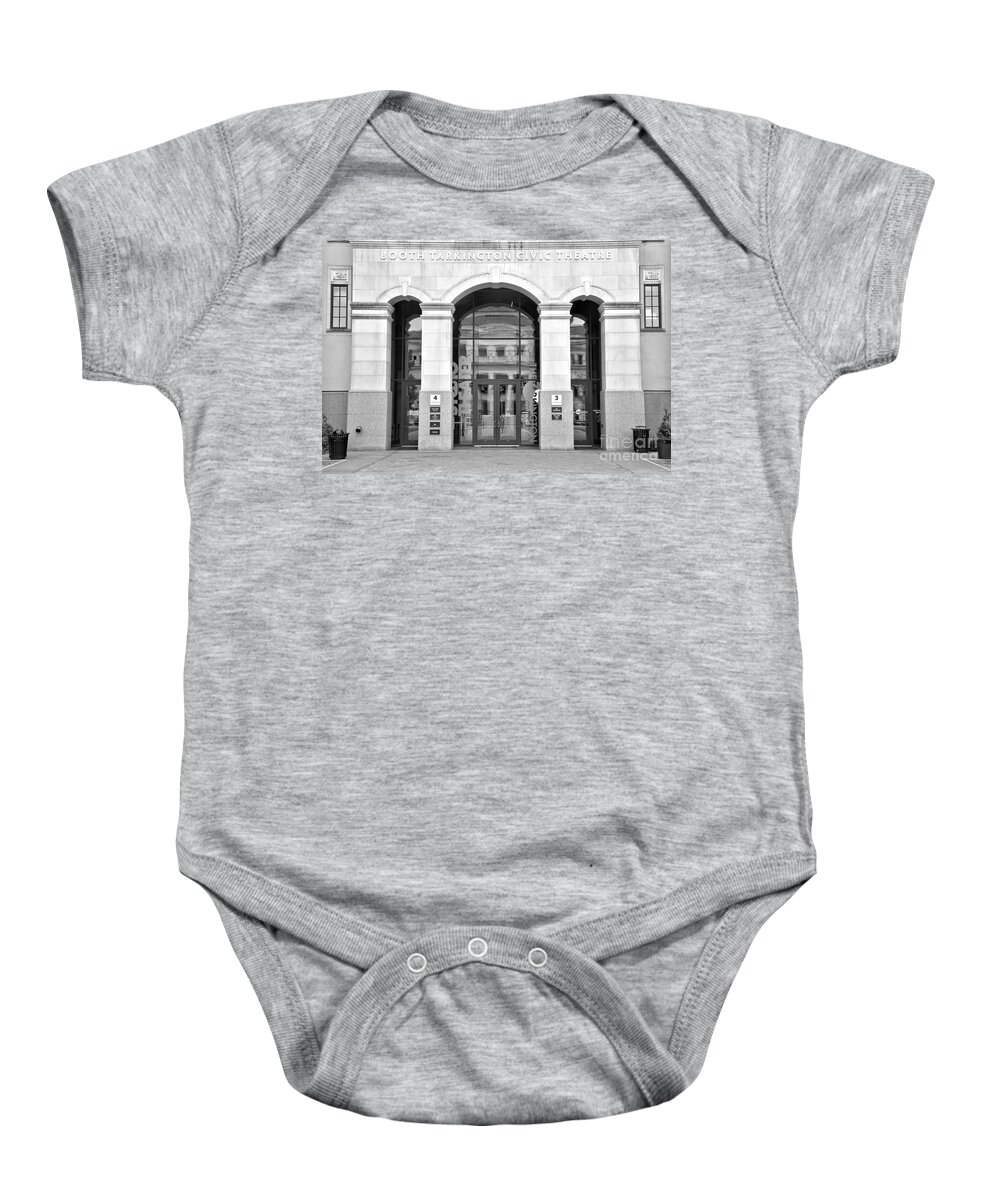 Booth Baby Onesie featuring the photograph Booth Tarkington Theater Entrance Carmel Indiana Black And White by Adam Jewell